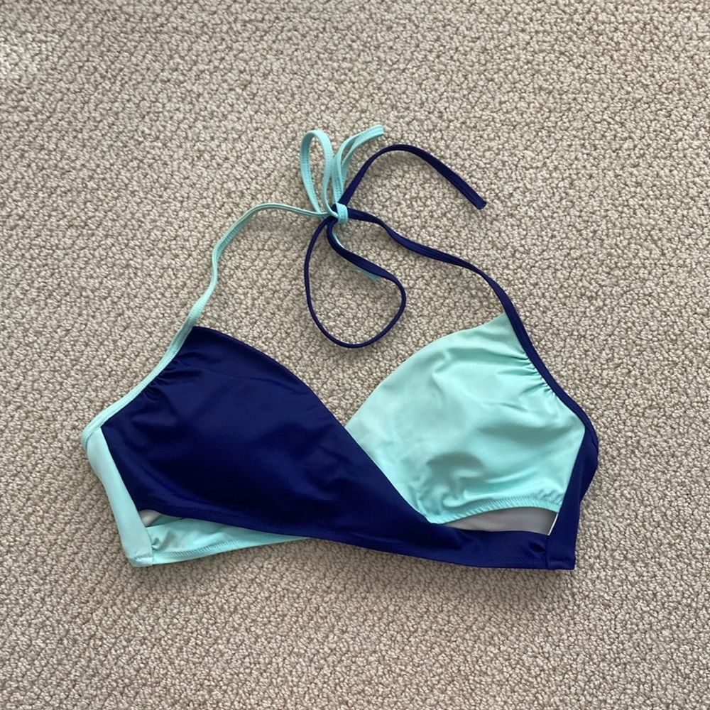 Victoria’s Secret PINK Color Block Faux Wrap Style Halter Bikini Top Large Blue